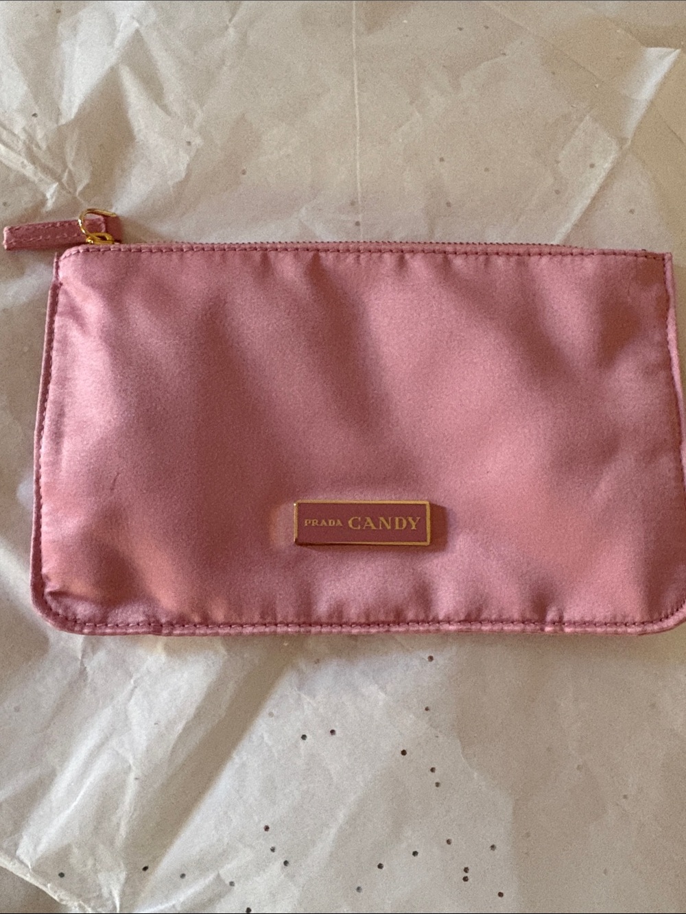 Prada Pink Satin Candy Logo Zip Cosmetic Pouch